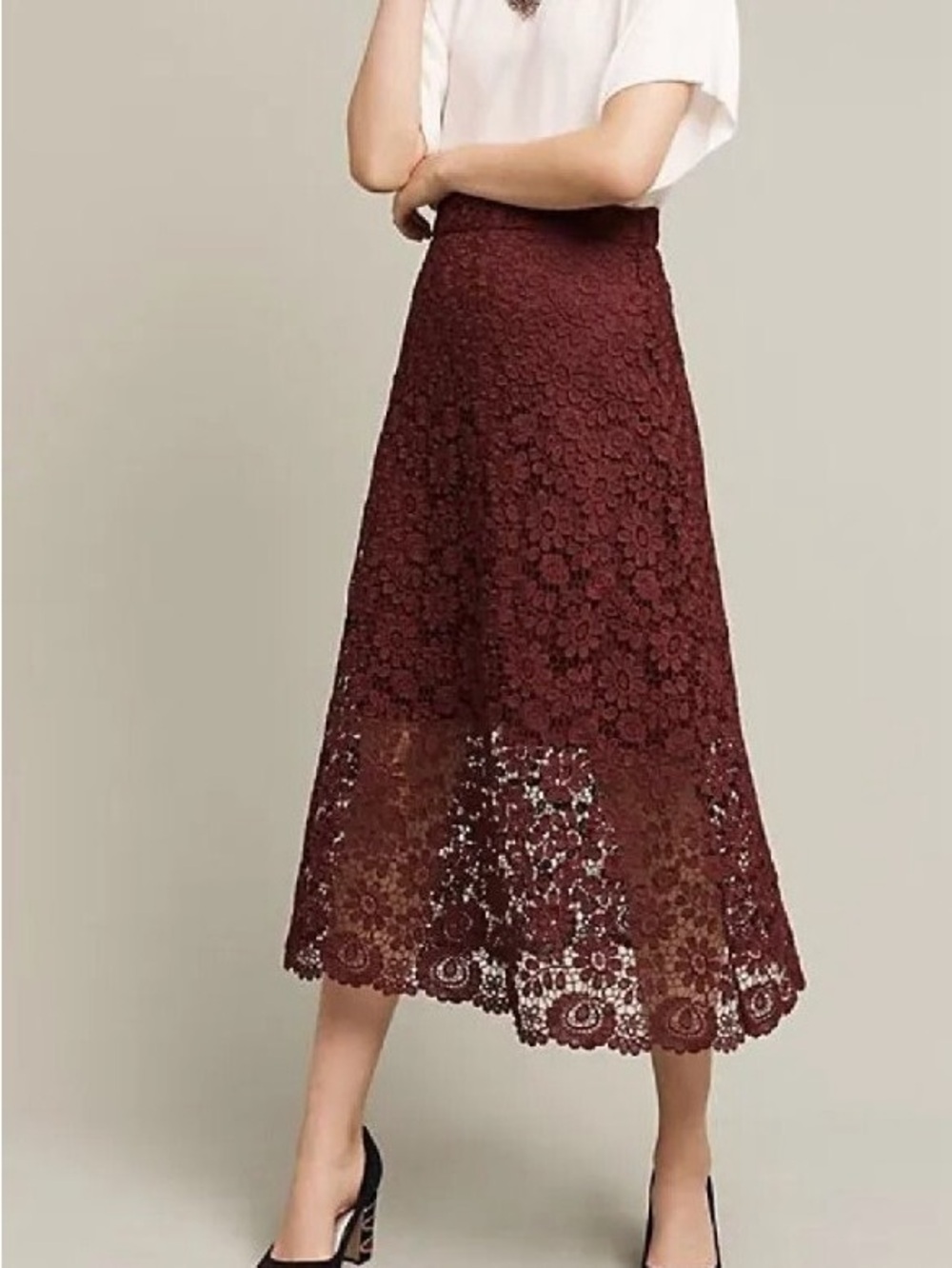Anthropologie HD in Paris Burgundy Laced Artifact Midi Skirt Size 8